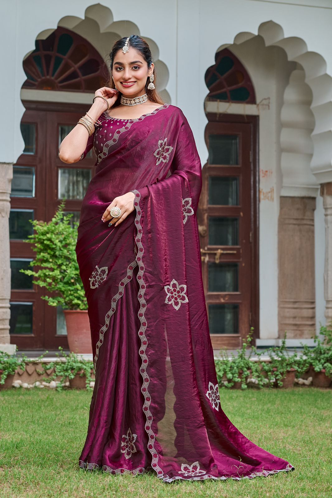 Festive Fancy Pure Fendi Silk Saree With Heavy Diamond Work