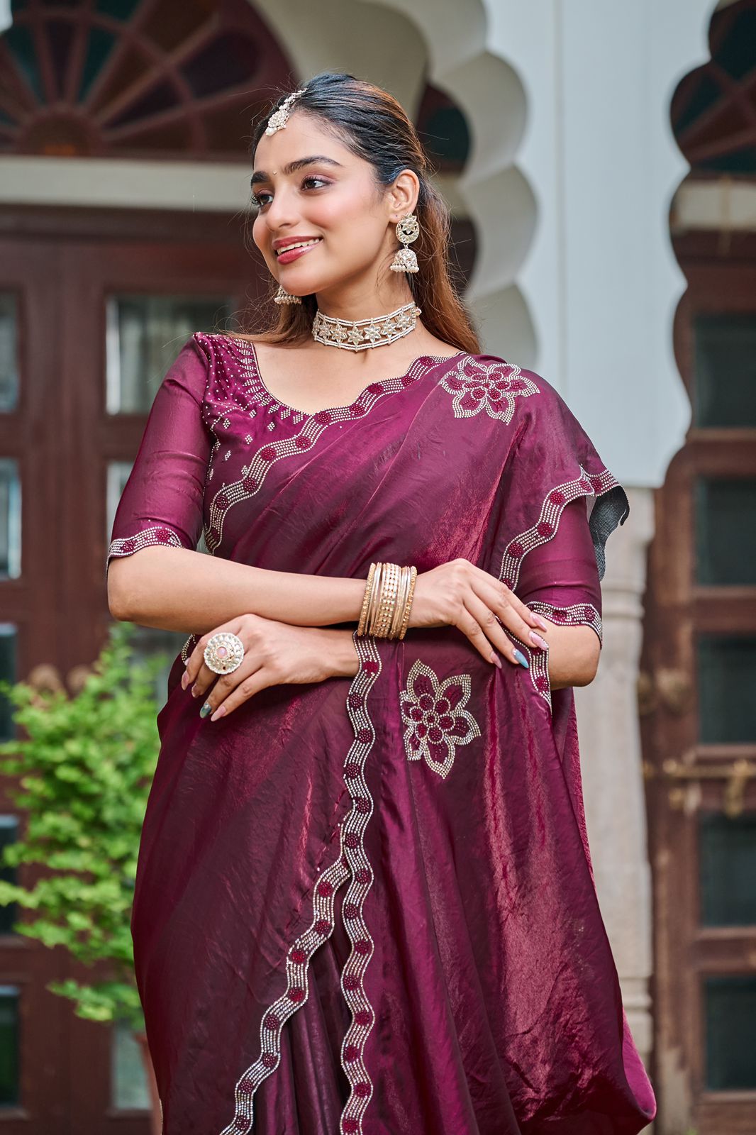Festive Fancy Pure Fendi Silk Saree With Heavy Diamond Work
