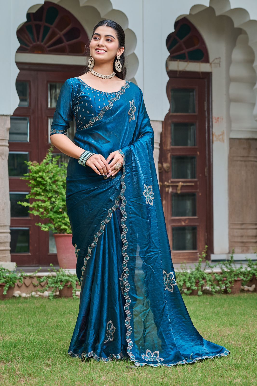 Festive Fancy Pure Fendi Silk Saree With Heavy Diamond Work