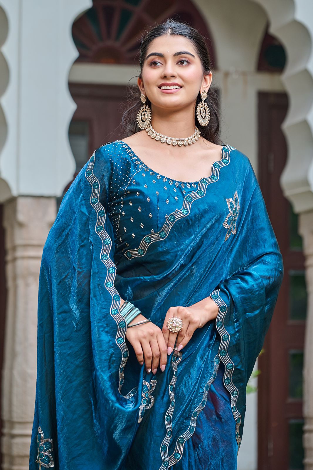 Festive Fancy Pure Fendi Silk Saree With Heavy Diamond Work