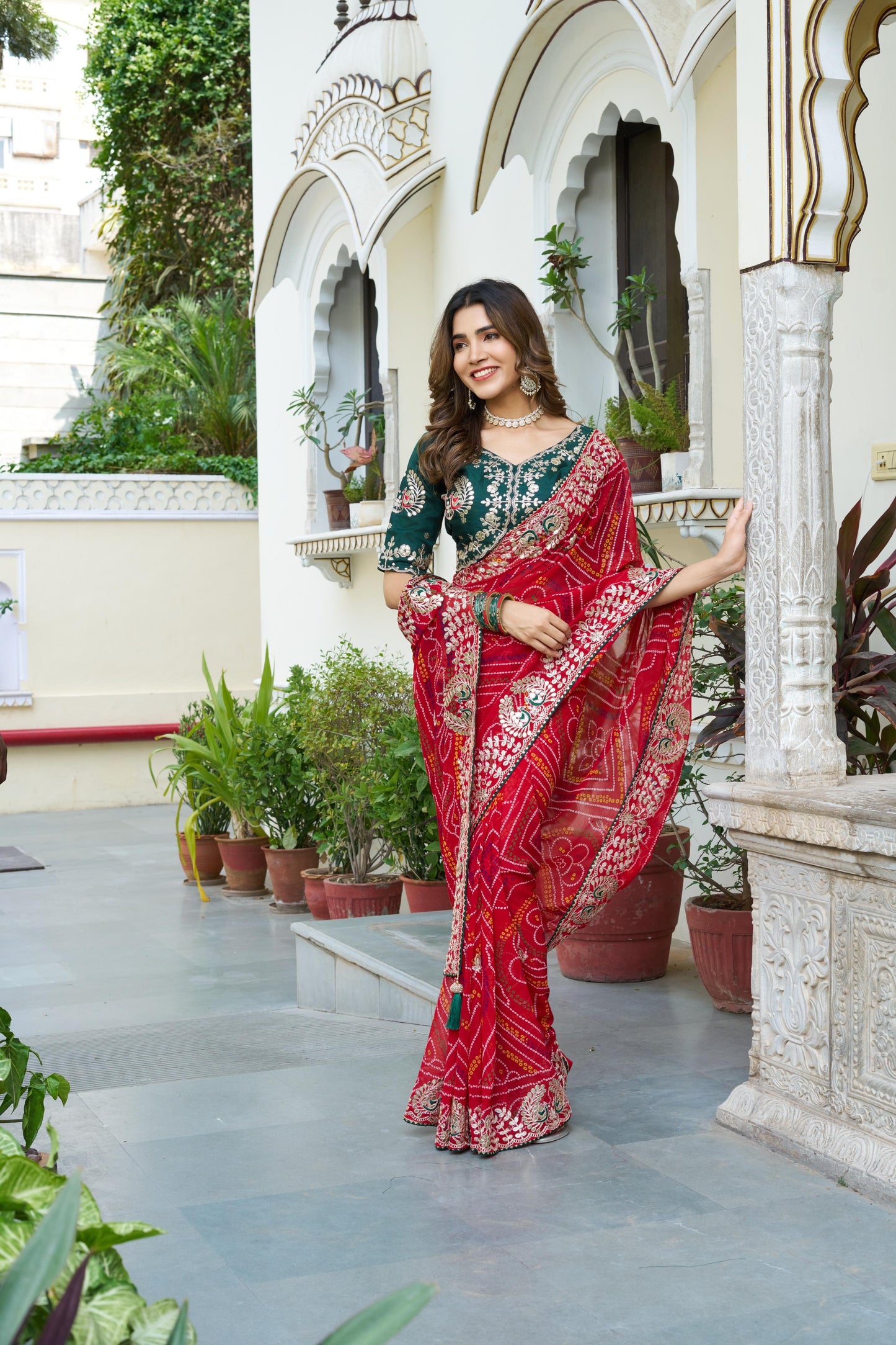 Festive Pure Bandhrej Saree With Heavy Pitta & Gota Patti Work