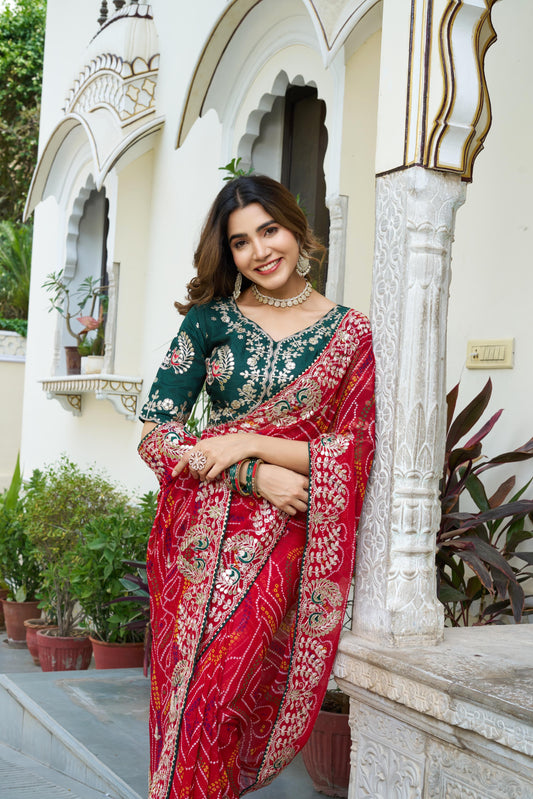 Festive Pure Bandhrej Saree With Heavy Pitta & Gota Patti Work
