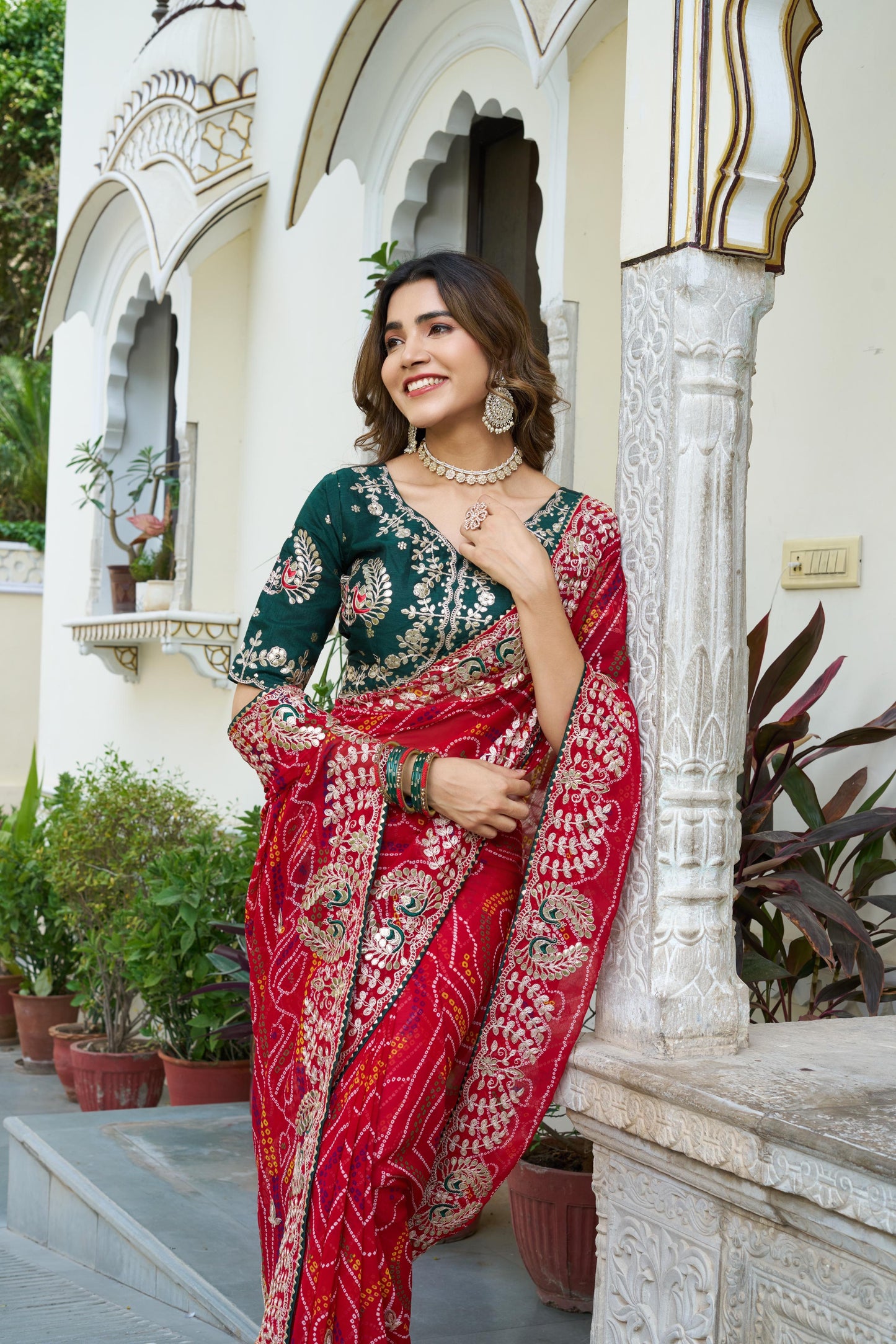 Festive Pure Bandhrej Saree With Heavy Pitta & Gota Patti Work