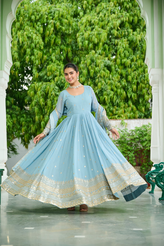 Wedding & Party Ready Faux Georgette With Rich Sequins And Embroidered Work Gown & Dupatta Set