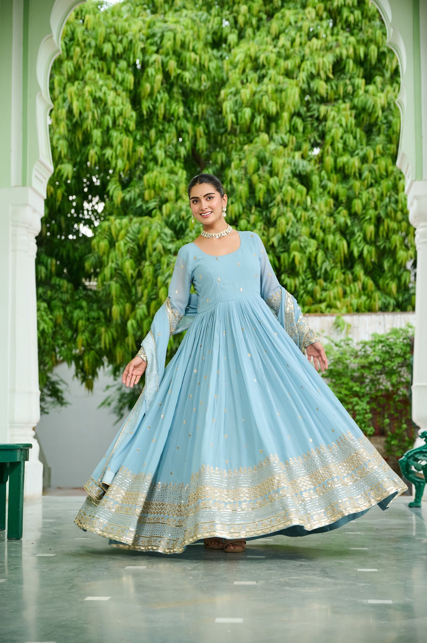Wedding & Party Ready Faux Georgette With Rich Sequins And Embroidered Work Gown & Dupatta Set