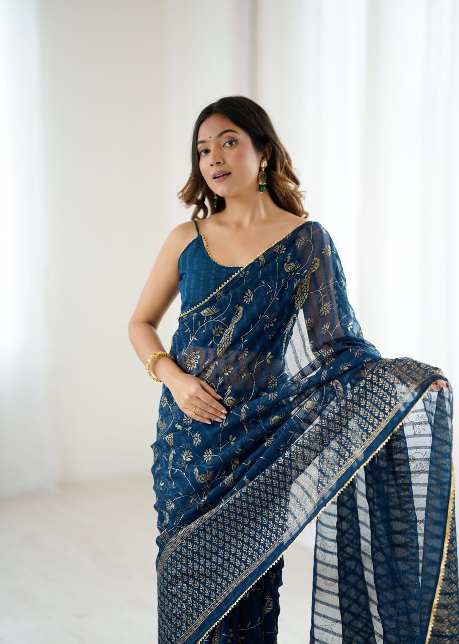 Beautiful Stylish Print Soft Georgette Saree With Foil & Lace Work Border