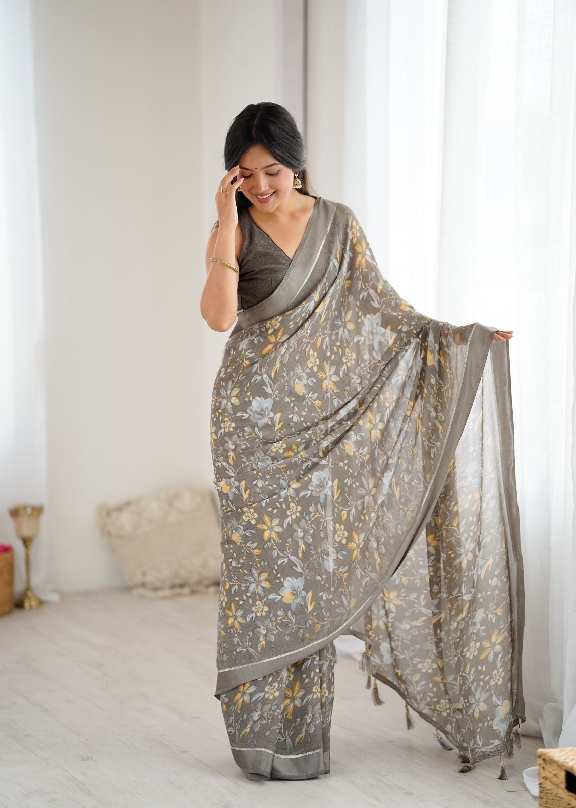 Beautiful Trending Pastel Colours Bright Moss Satin Printed Saree