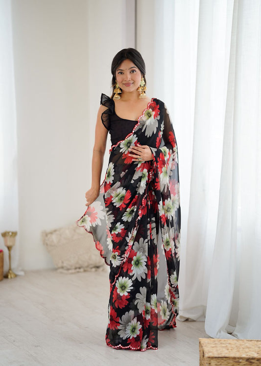 New Beautiful Print Soft Georgette Silk Saree With Mirror Work Border