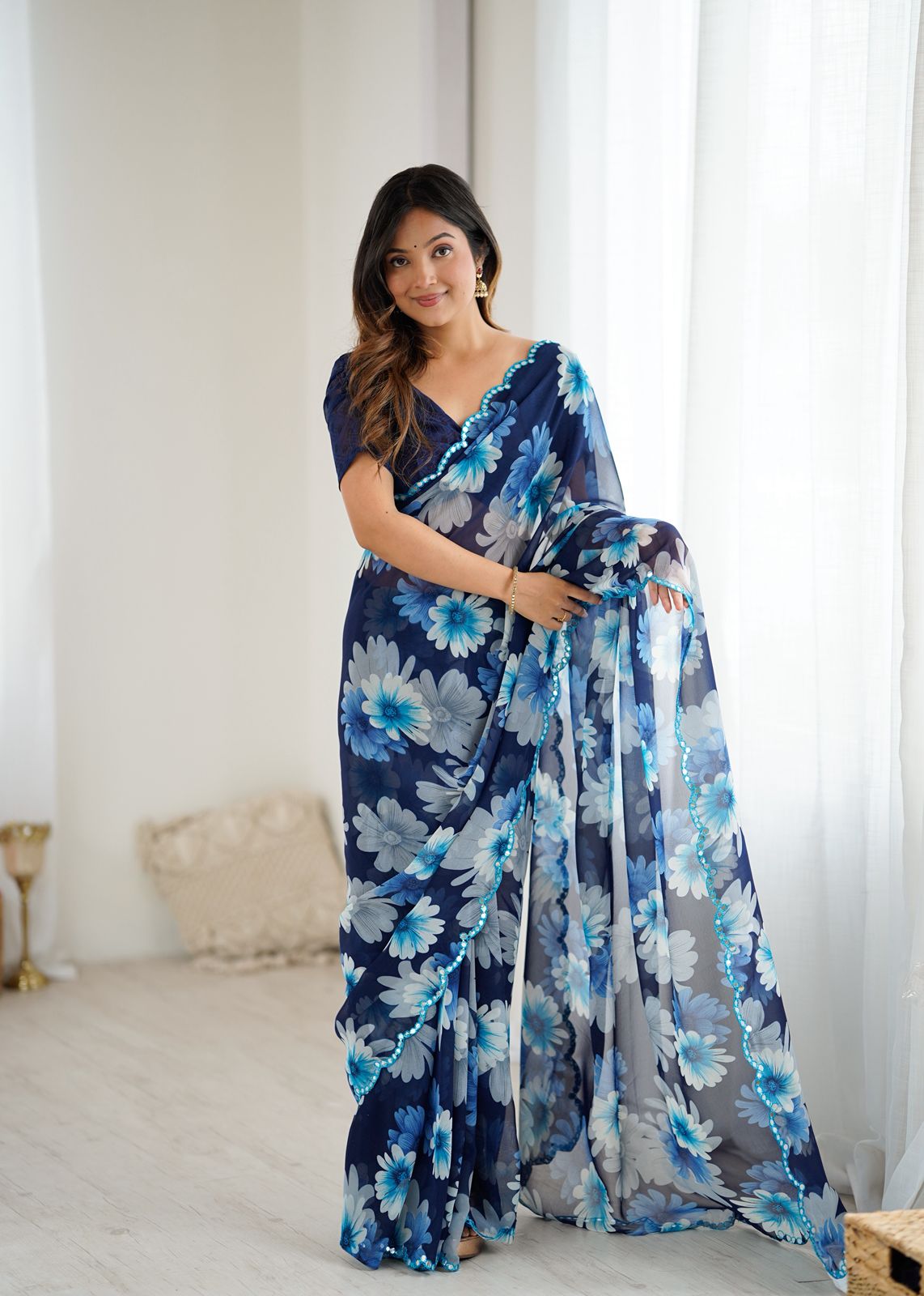New Beautiful Print Soft Georgette Silk Saree With Mirror Work Border