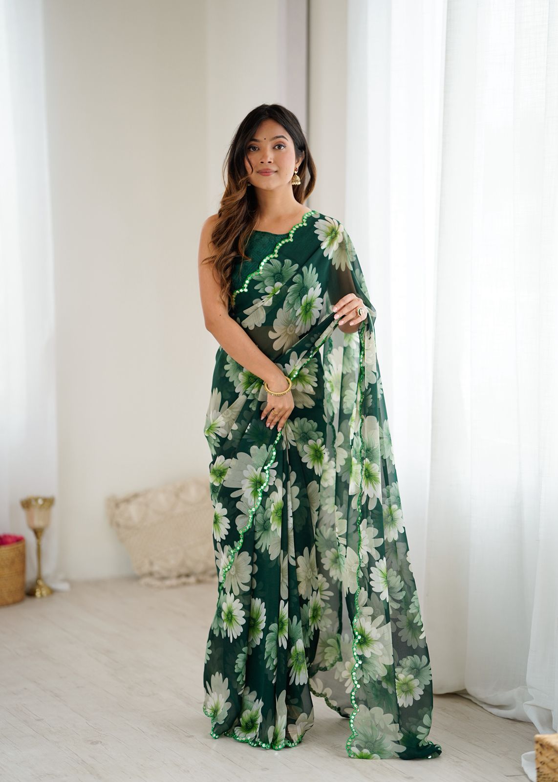 New Beautiful Print Soft Georgette Silk Saree With Mirror Work Border