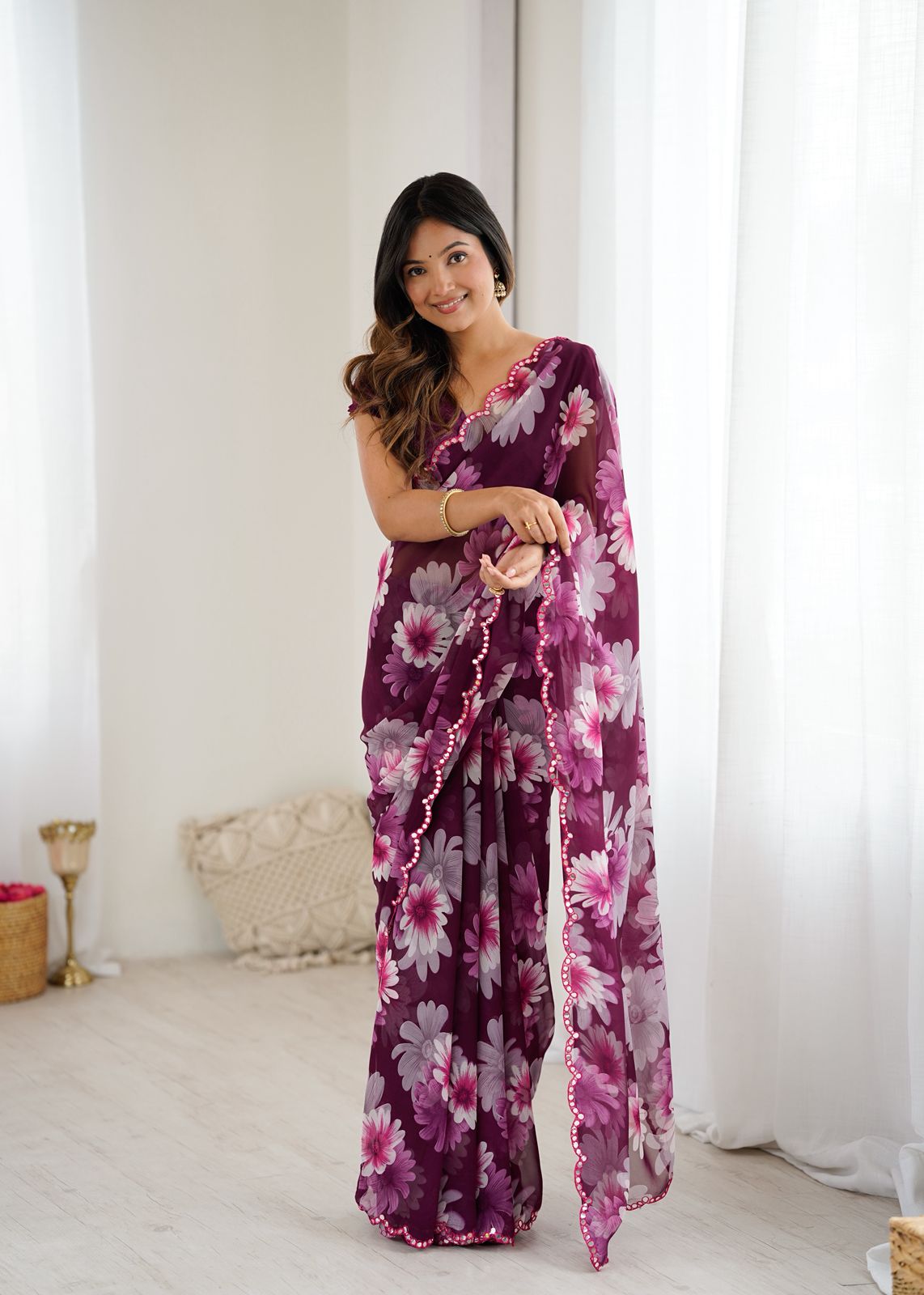 New Beautiful Print Soft Georgette Silk Saree With Mirror Work Border