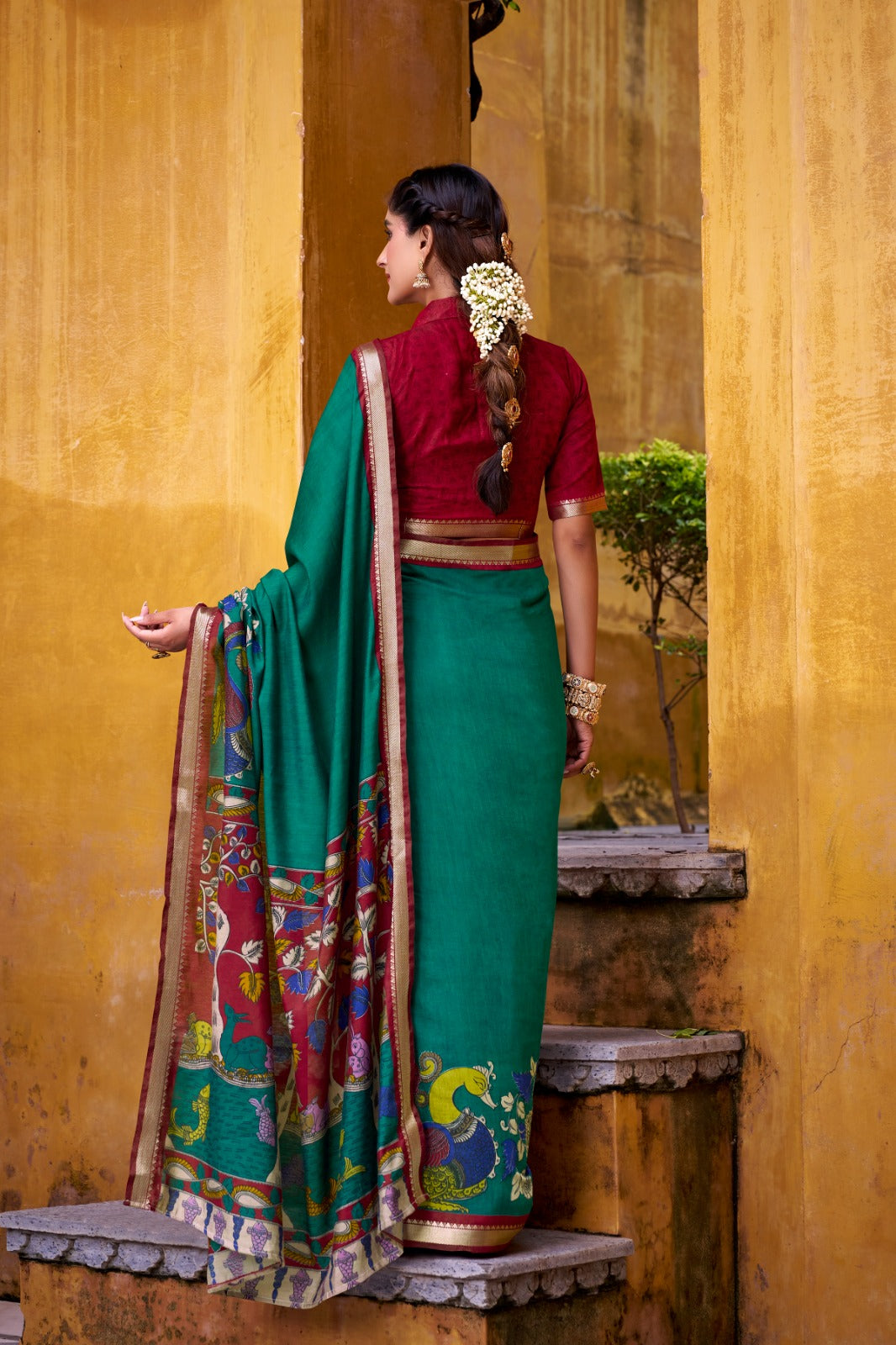 Traditional Kalamkari Print Viscose Chanderi Saree With Zari Weaving Work