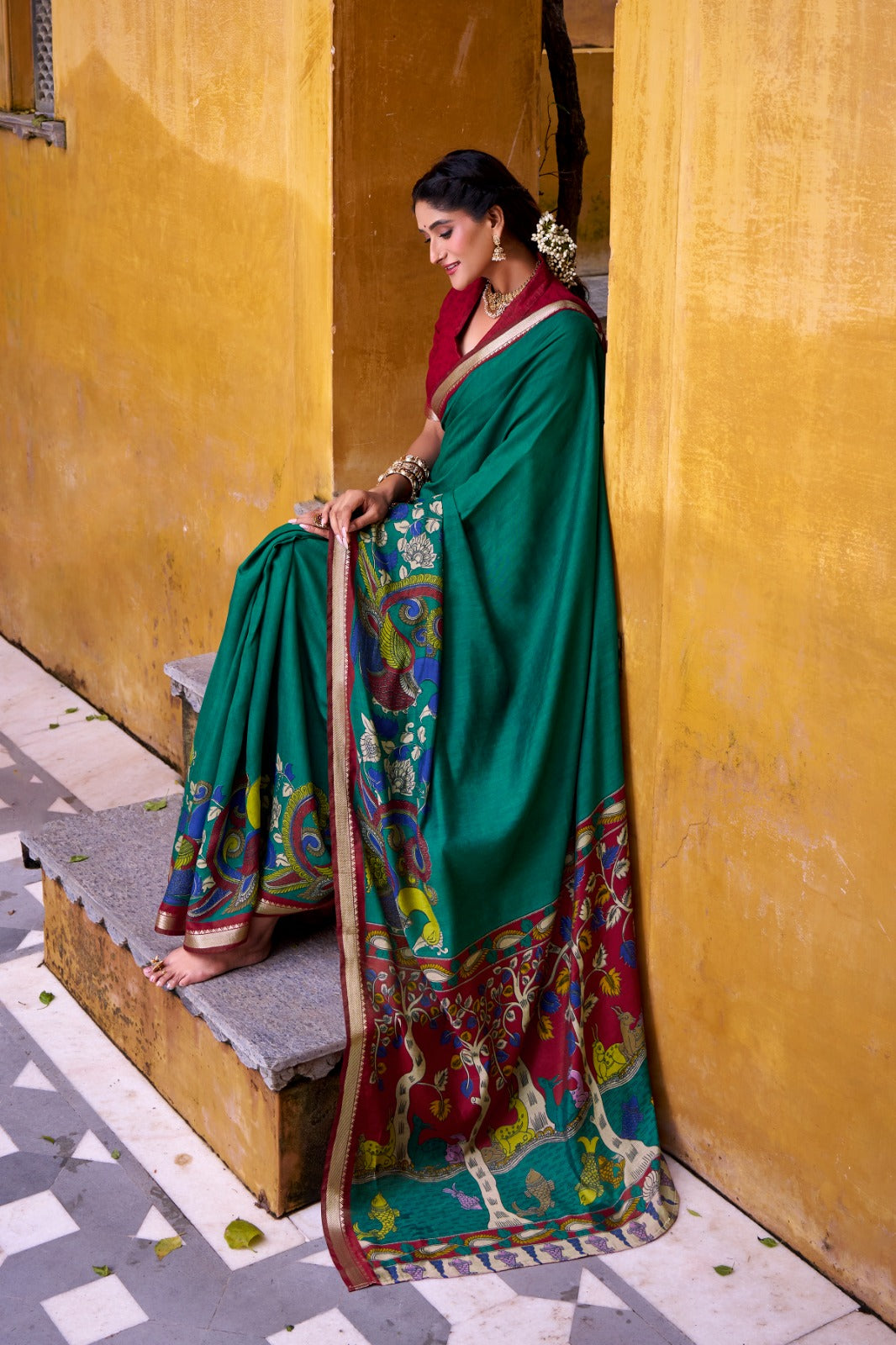 Traditional Kalamkari Print Viscose Chanderi Saree With Zari Weaving Work
