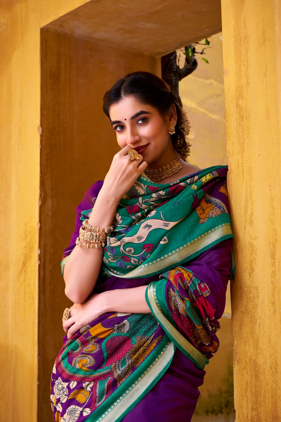 Traditional Kalamkari Print Viscose Chanderi Saree With Zari Weaving Work