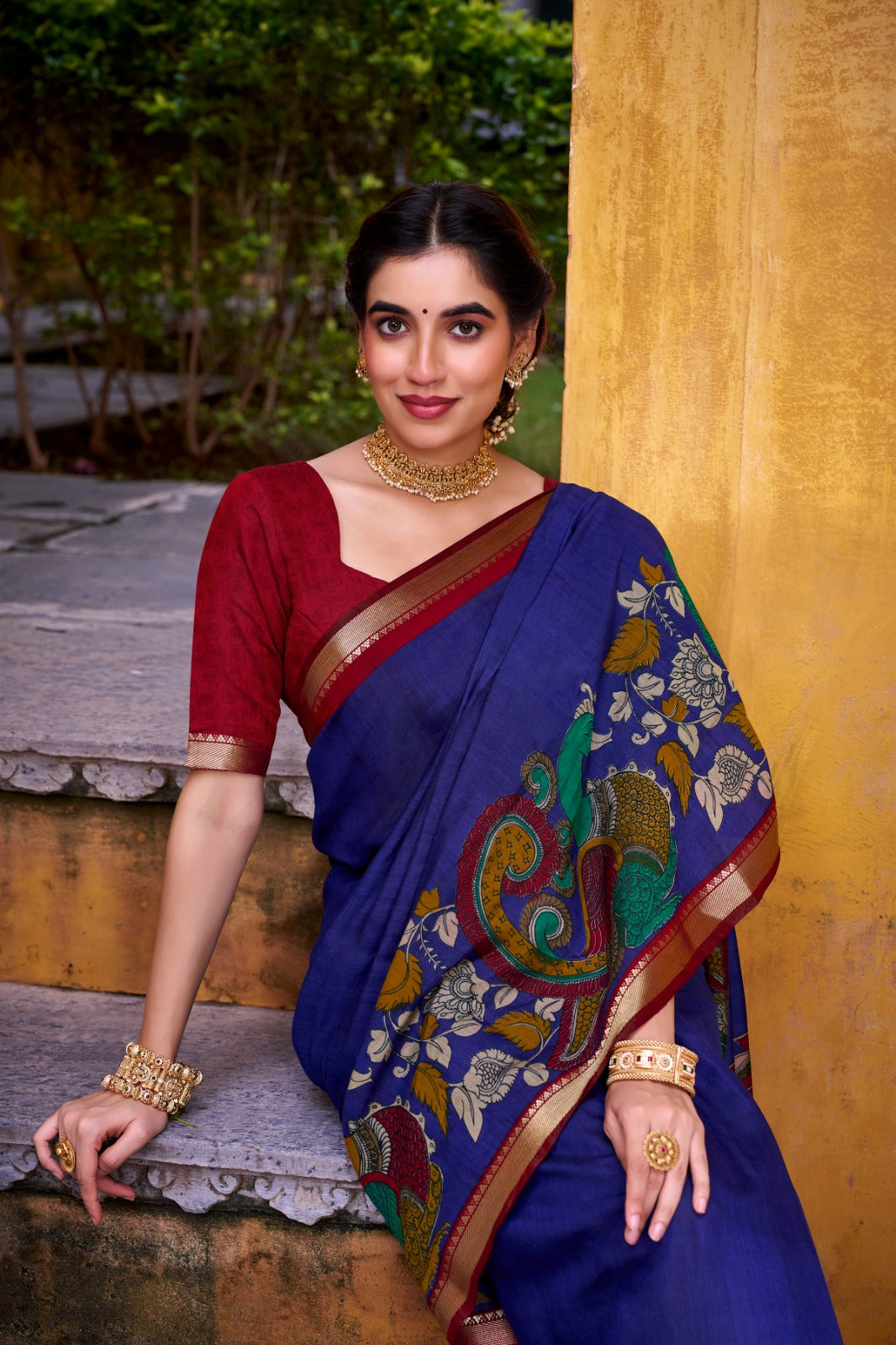 Traditional Kalamkari Print Viscose Chanderi Saree With Zari Weaving Work