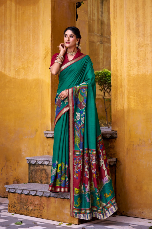 Traditional Kalamkari Print Viscose Chanderi Saree With Zari Weaving Work
