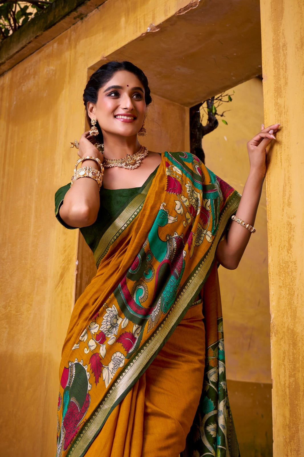 Traditional Kalamkari Print Viscose Chanderi Saree With Zari Weaving Work