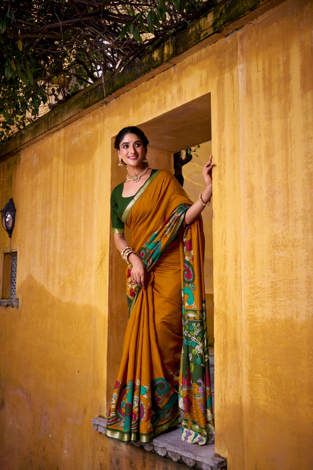 Traditional Kalamkari Print Viscose Chanderi Saree With Zari Weaving Work