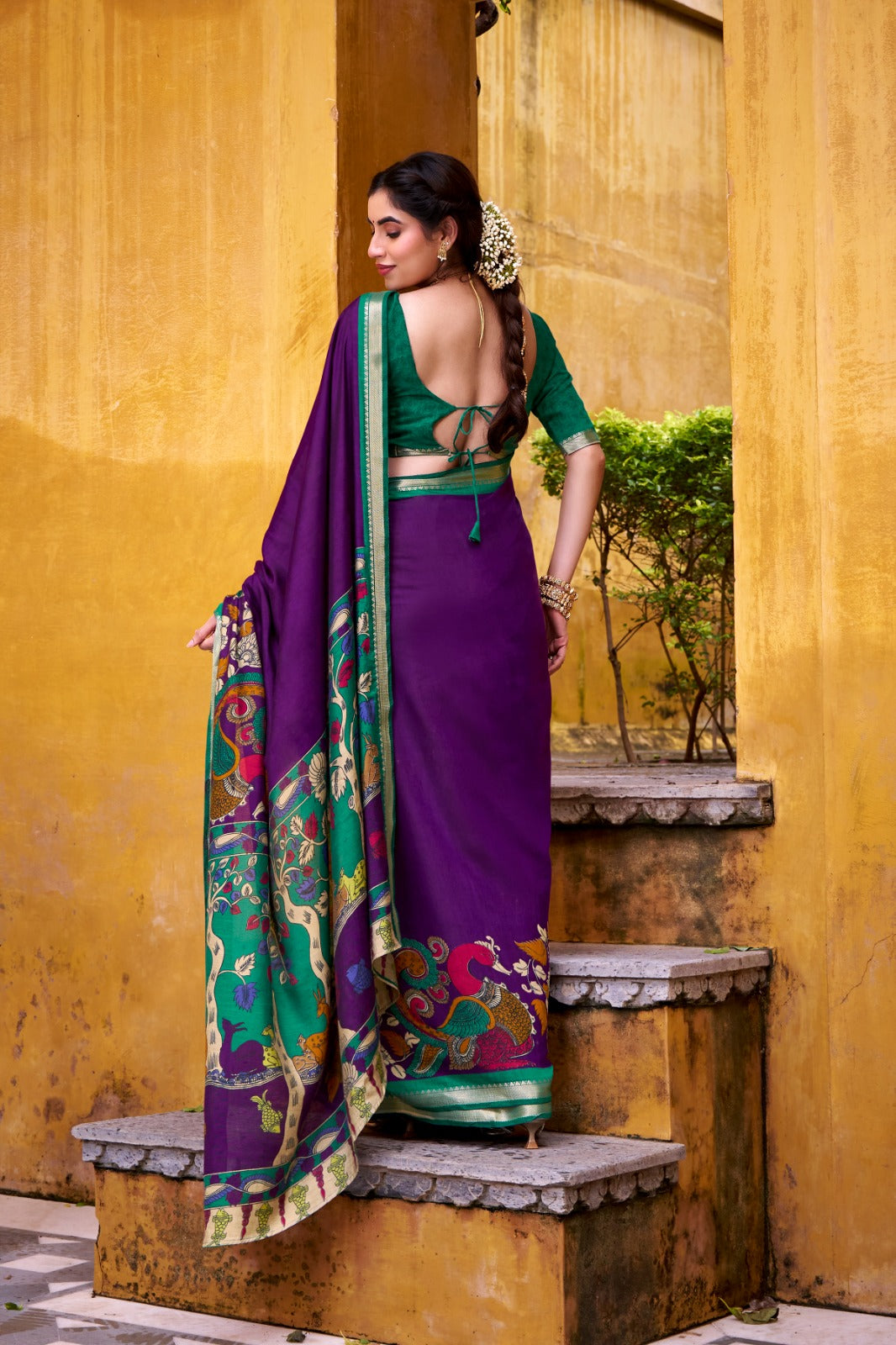 Traditional Kalamkari Print Viscose Chanderi Saree With Zari Weaving Work