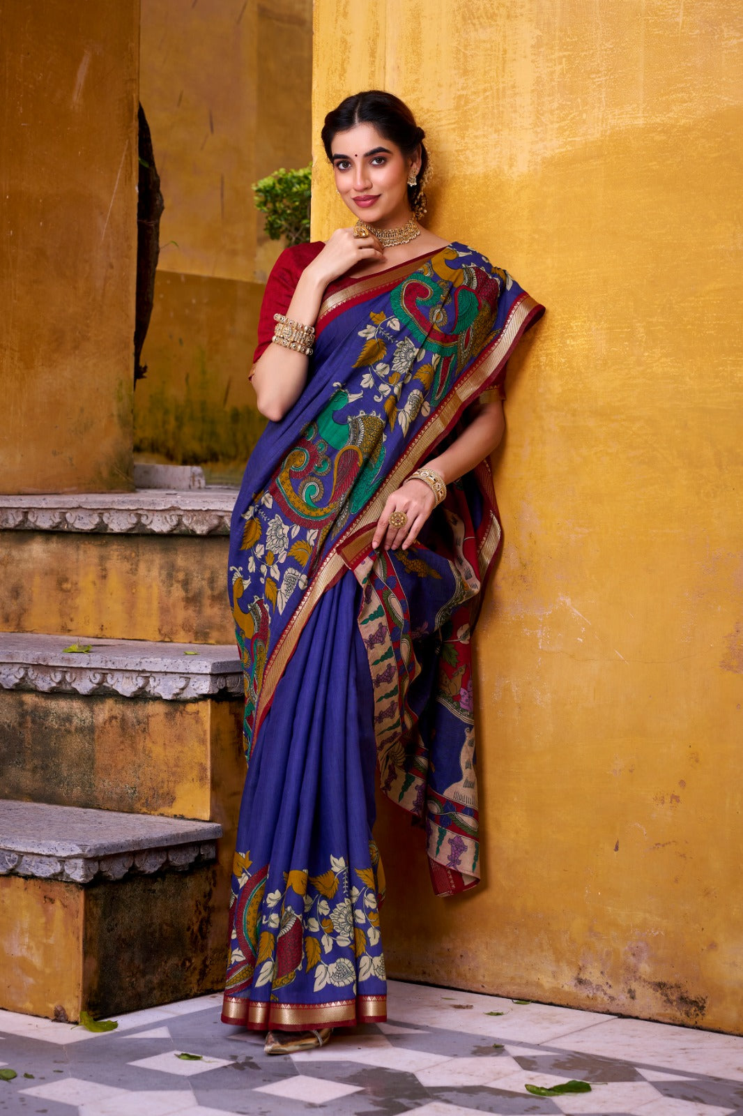 Traditional Kalamkari Print Viscose Chanderi Saree With Zari Weaving Work