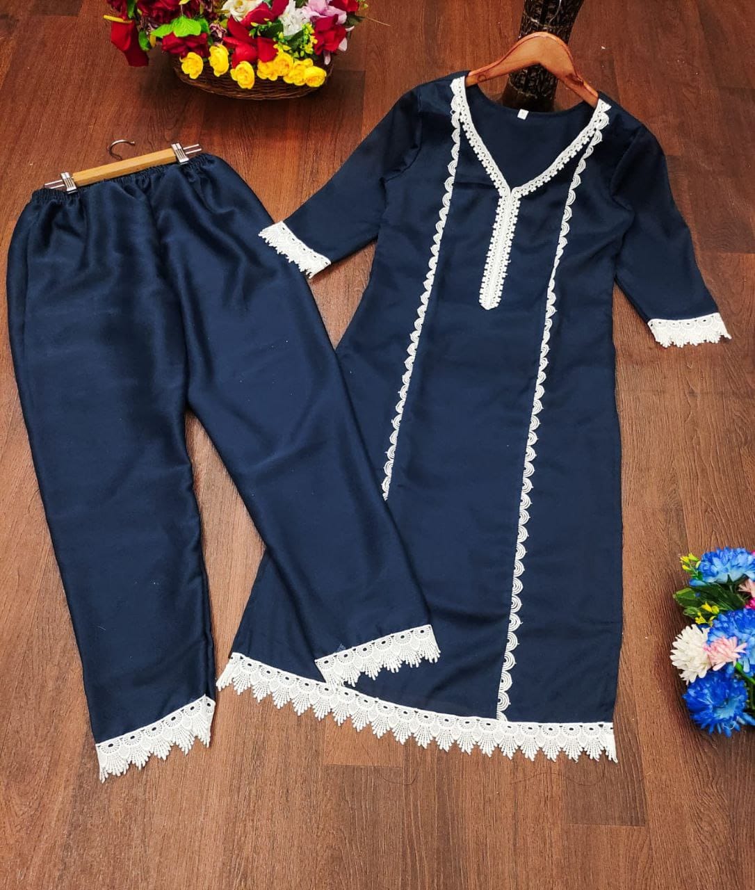 New Soft Star Georgette Salwar Suit With Embroidery & Lace Work Kurta & Pant