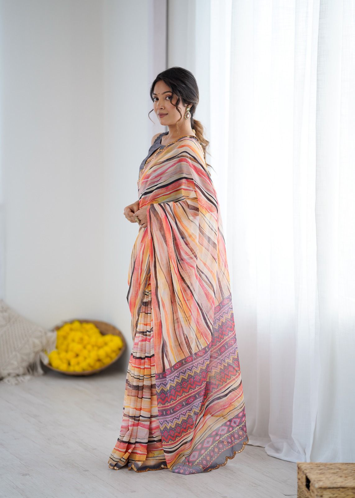 Stylish Print Soft Georgette Saree With Mirror Work Border