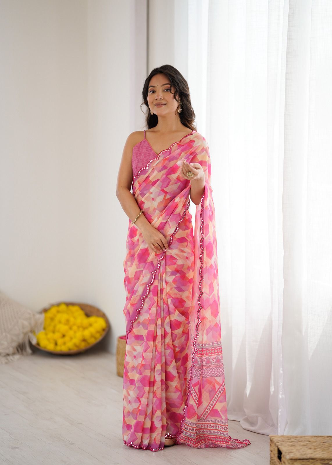 Stylish Print Soft Georgette Saree With Mirror Work Border