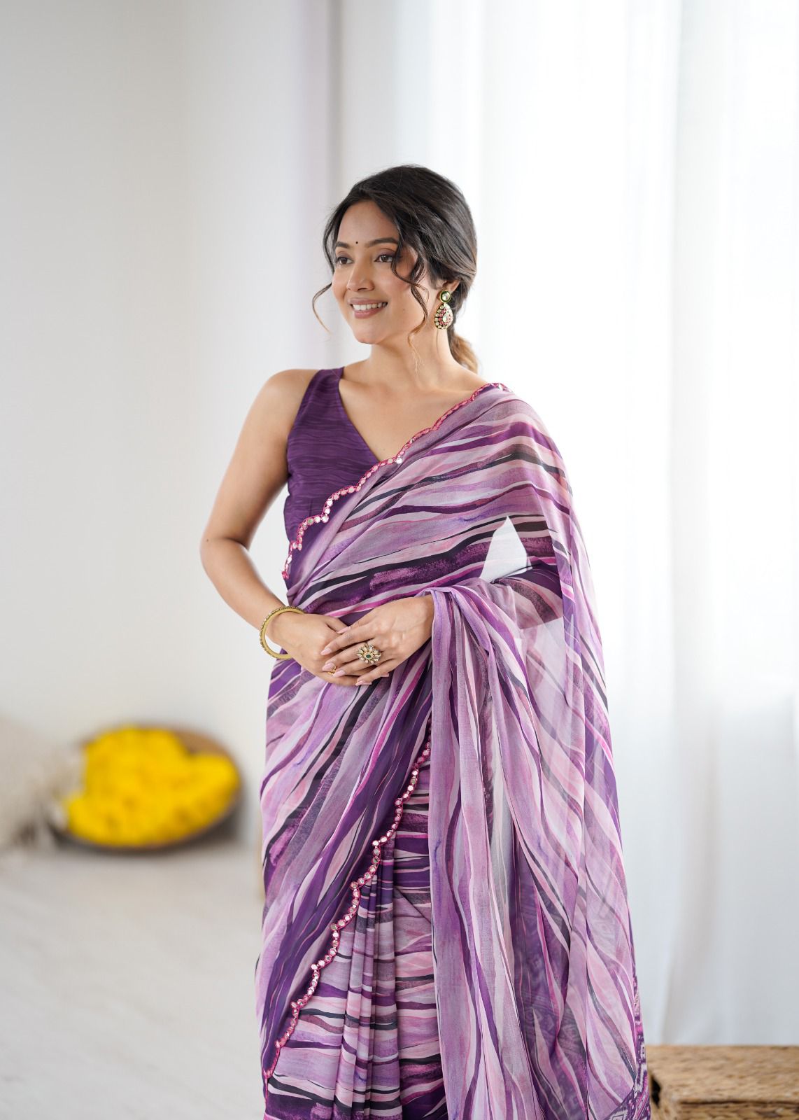 Stylish Print Soft Georgette Saree With Mirror Work Border