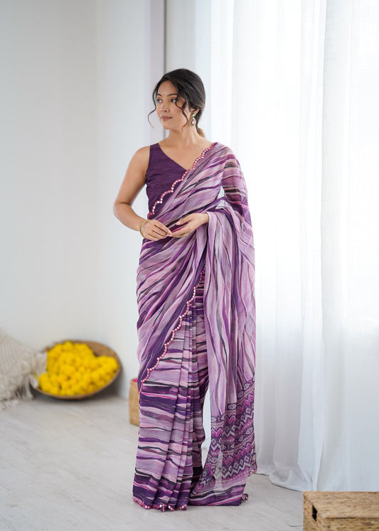 Stylish Print Soft Georgette Saree With Mirror Work Border