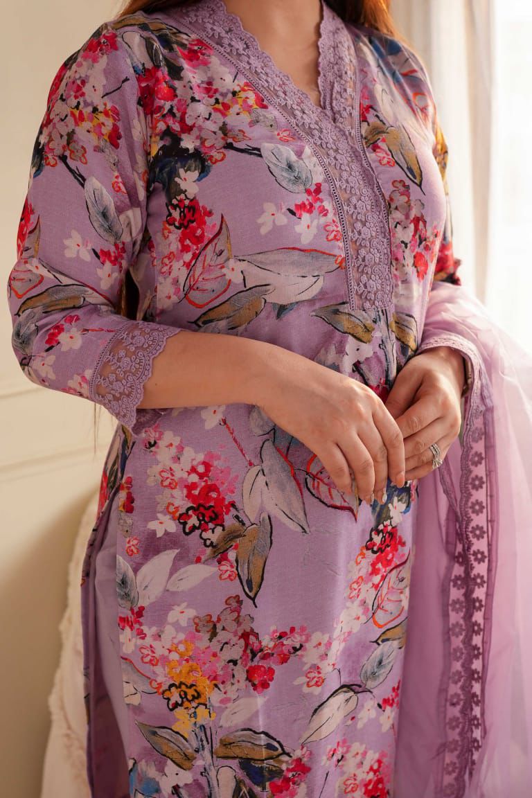 Beautiful Soft Georgette Silk Printed Embroidery & Lace Work Kurta With Pant & Dupatta