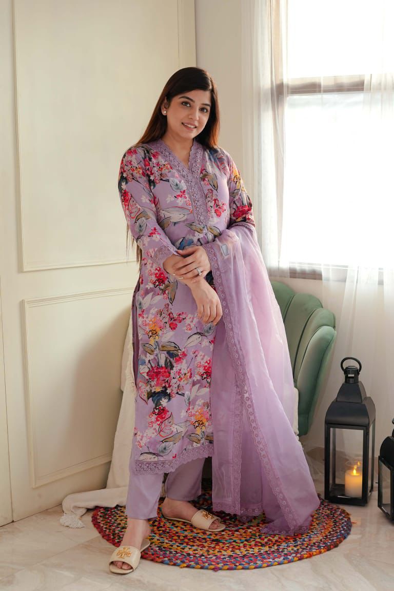 Beautiful Soft Georgette Silk Printed Embroidery & Lace Work Kurta With Pant & Dupatta