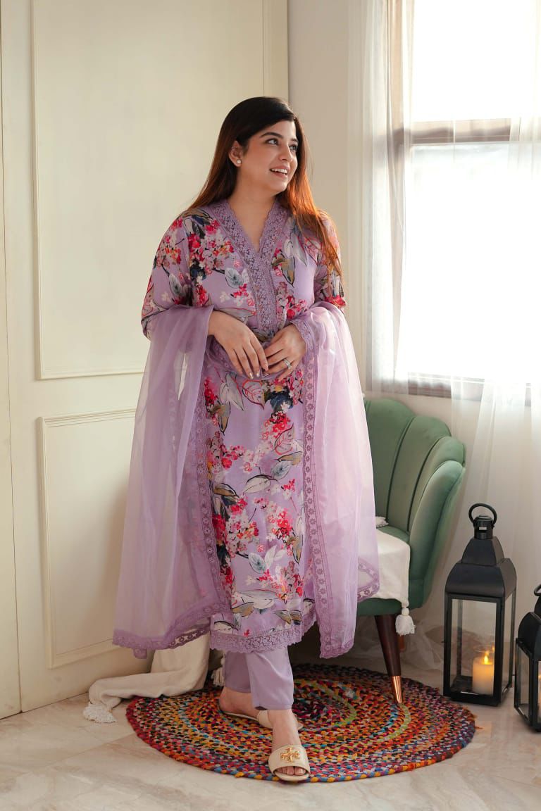 Beautiful Soft Georgette Silk Printed Embroidery & Lace Work Kurta With Pant & Dupatta