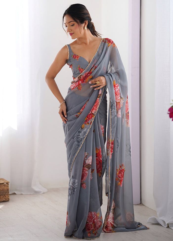 Celebrity Style Print Soft Georgette Silk Saree With Moti Lace Work Border
