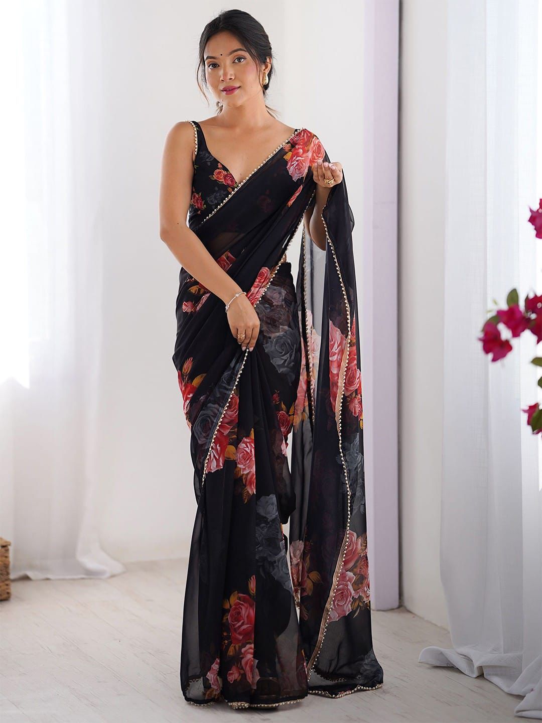 Celebrity Style Print Soft Georgette Silk Saree With Moti Lace Work Border
