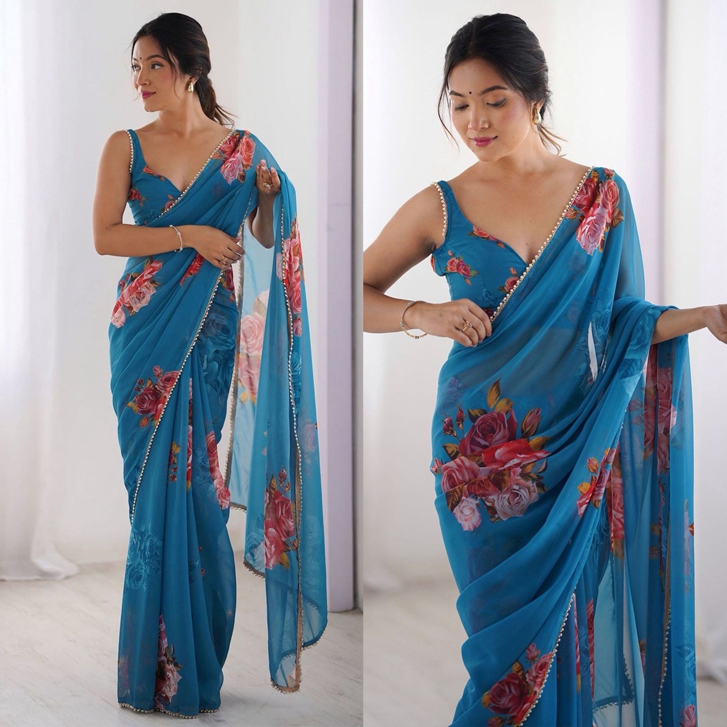Celebrity Style Print Soft Georgette Silk Saree With Moti Lace Work Border