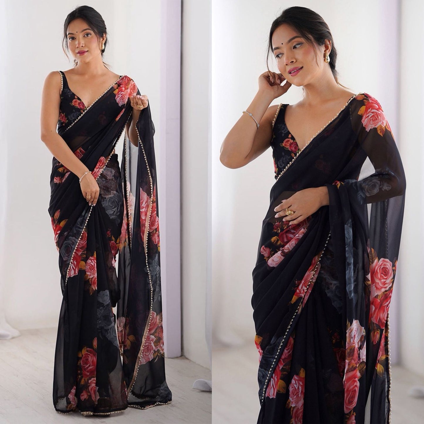 Celebrity Style Print Soft Georgette Silk Saree With Moti Lace Work Border