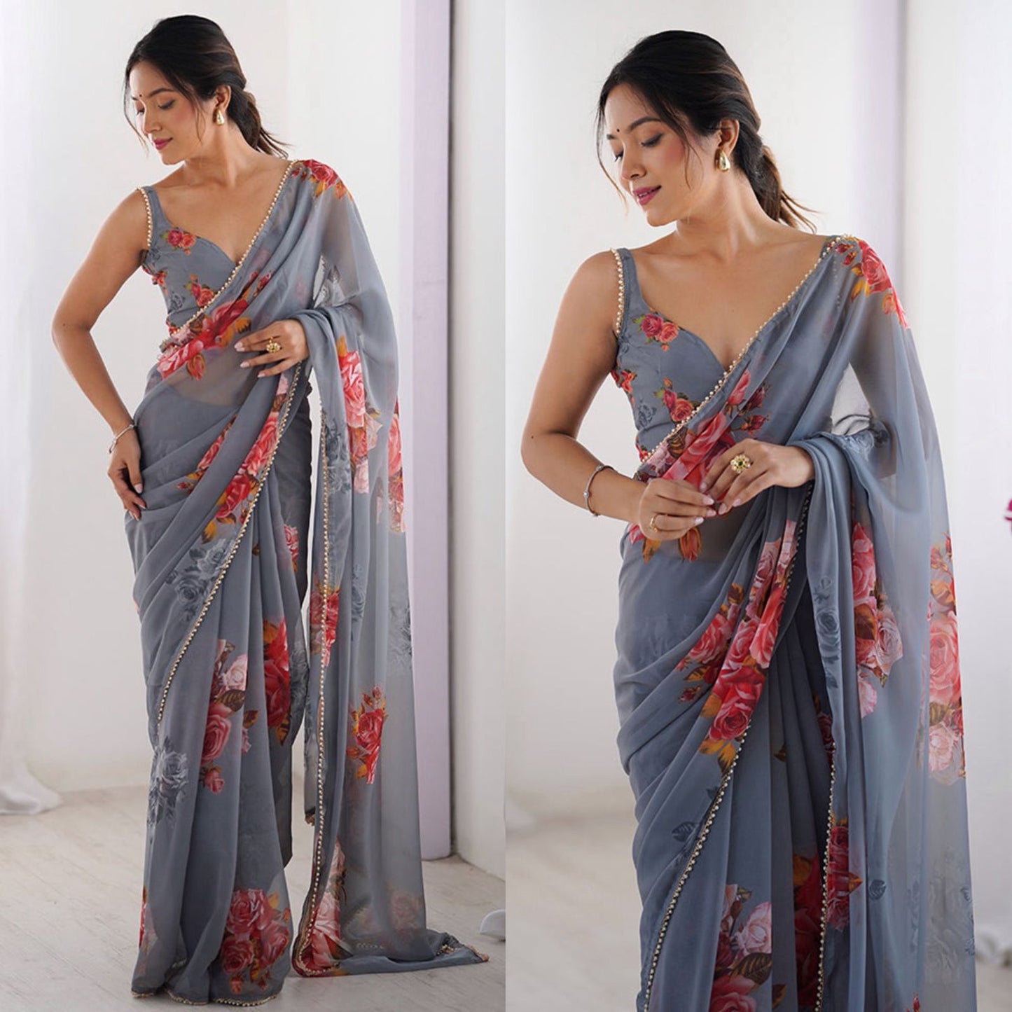 Celebrity Style Print Soft Georgette Silk Saree With Moti Lace Work Border