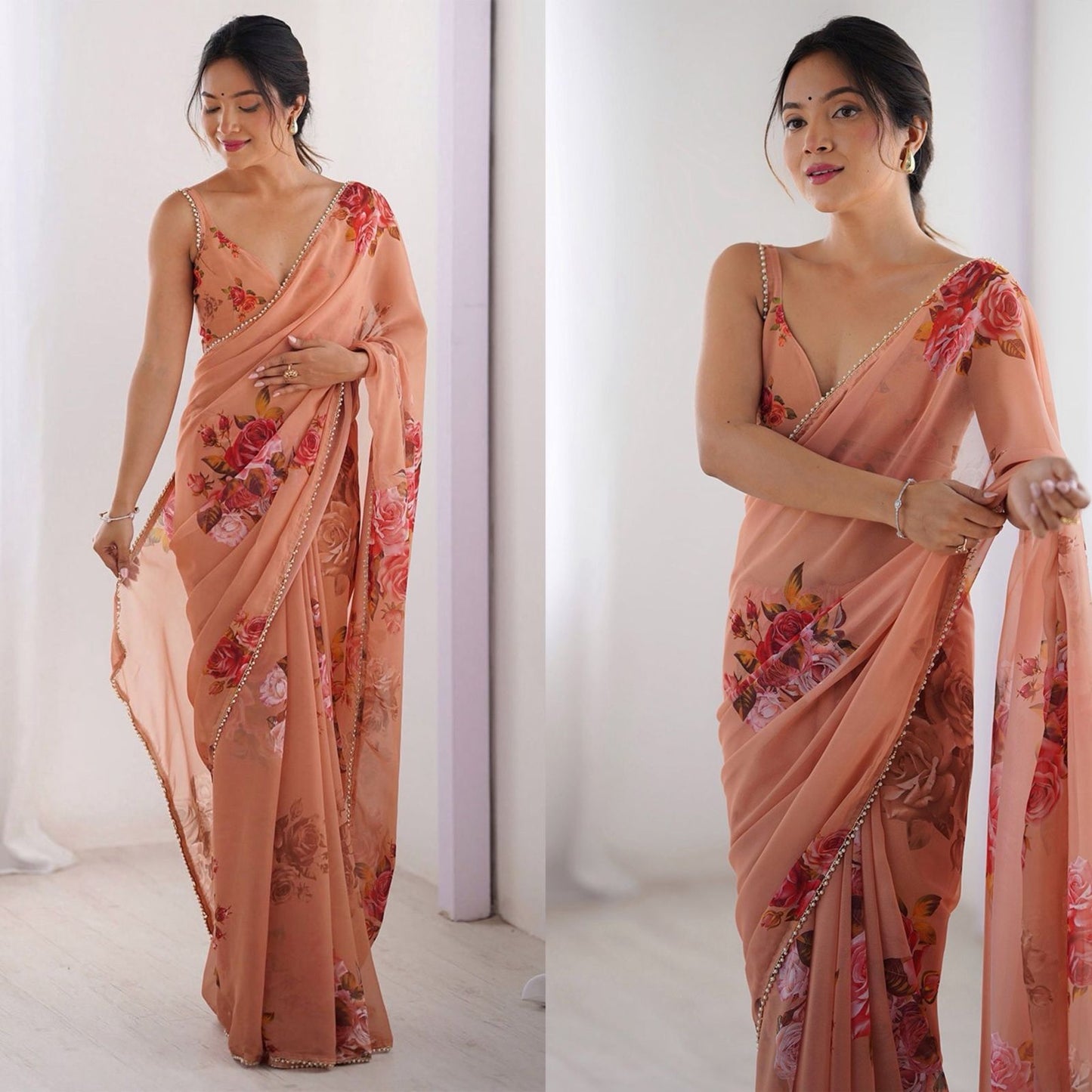 Celebrity Style Print Soft Georgette Silk Saree With Moti Lace Work Border