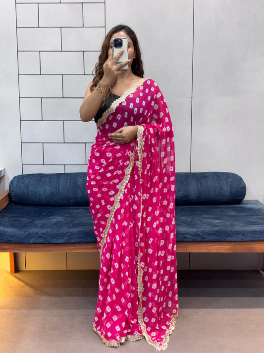 Special Soft Georgette Leheriya Bandhej Print Saree With Coding Embroidery Sequence Lace Work