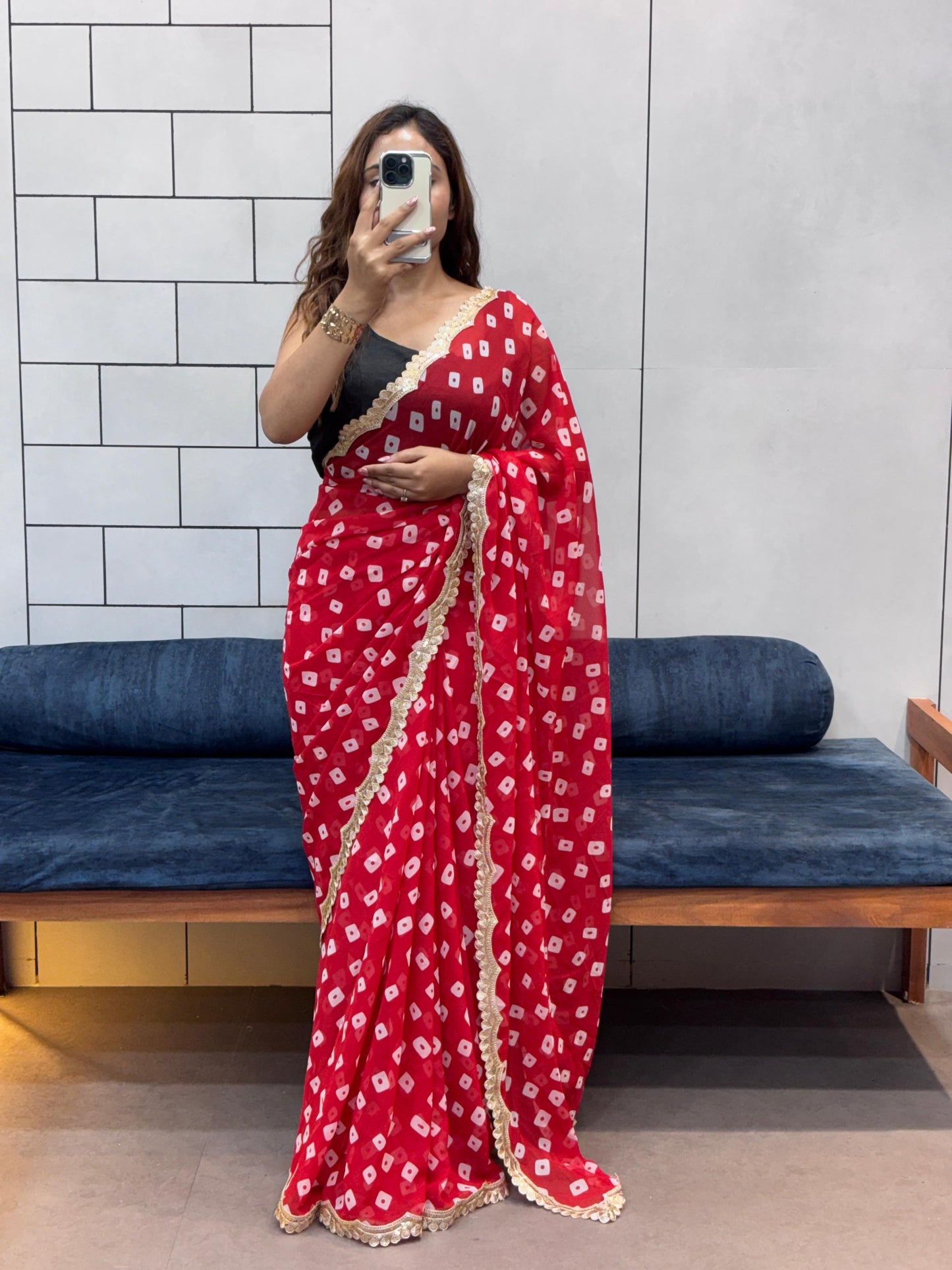 Special Soft Georgette Leheriya Bandhej Print Saree With Coding Embroidery Sequence Lace Work