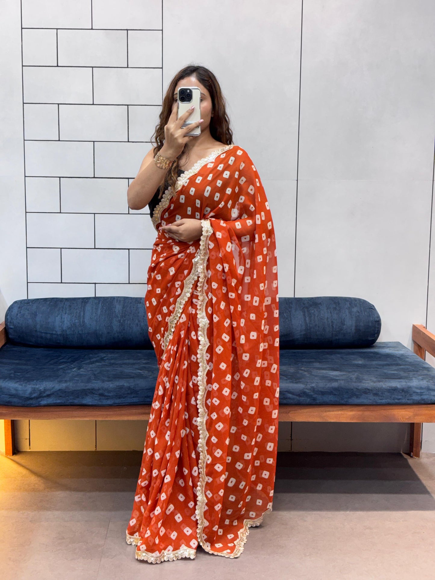 Special Soft Georgette Leheriya Bandhej Print Saree With Coding Embroidery Sequence Lace Work