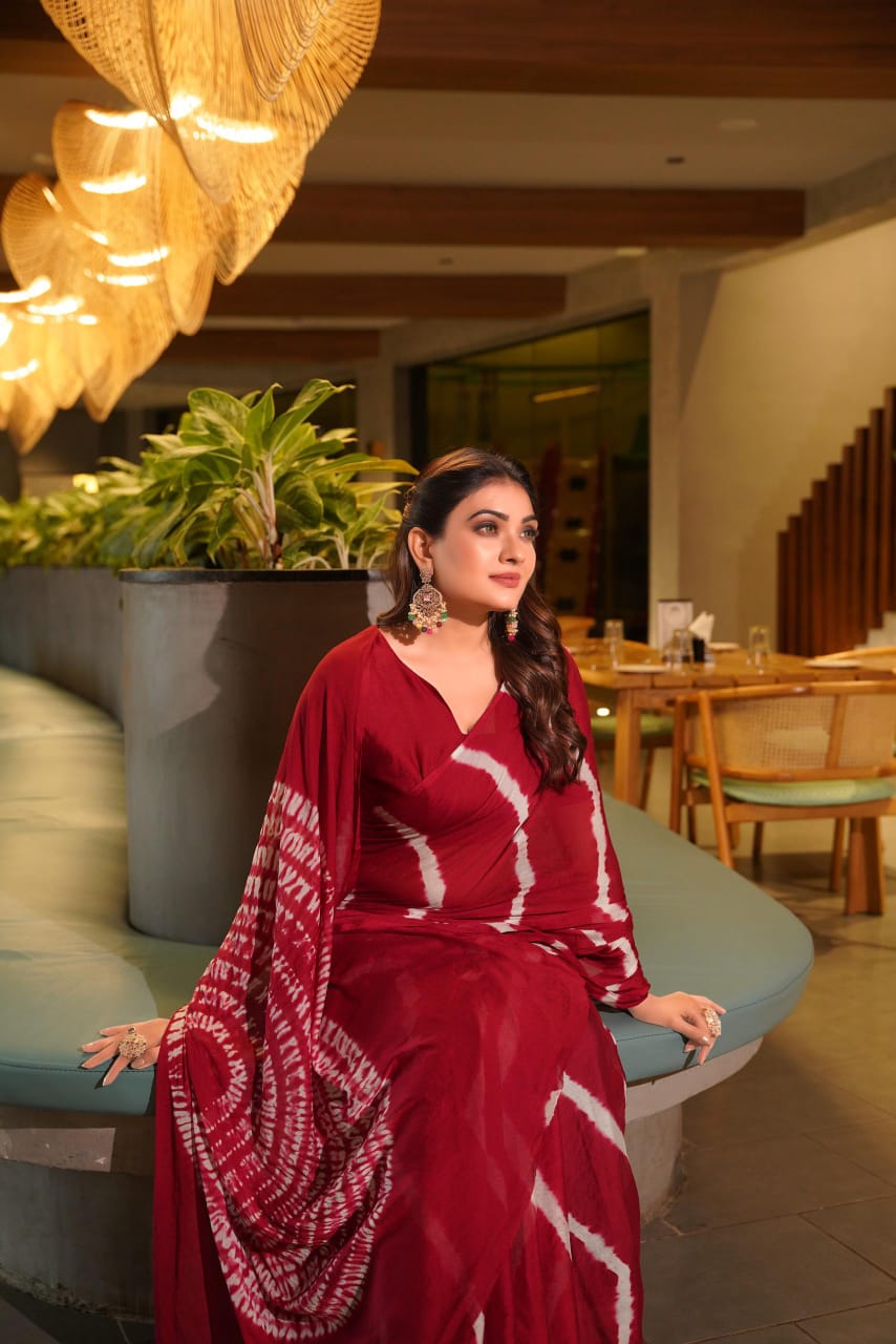 Superhit Pure Chinnon Leheriya Saree With Hand Sibori Work