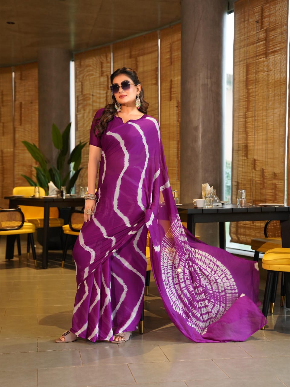 Superhit Pure Chinnon Leheriya Saree With Hand Sibori Work