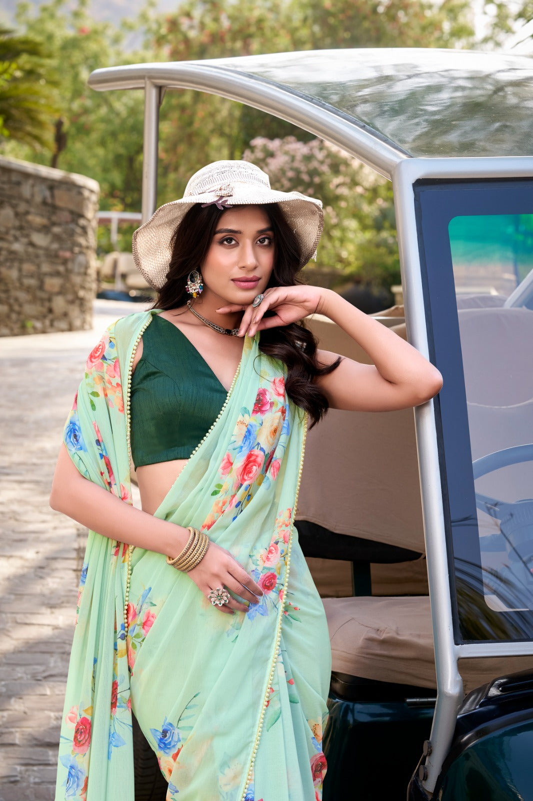 Stylish Charm Weightless Marble Fabric Printed Saree With Pearl Lace Border Work