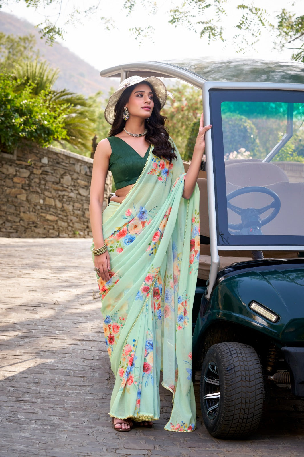 Stylish Charm Weightless Marble Fabric Printed Saree With Pearl Lace Border Work