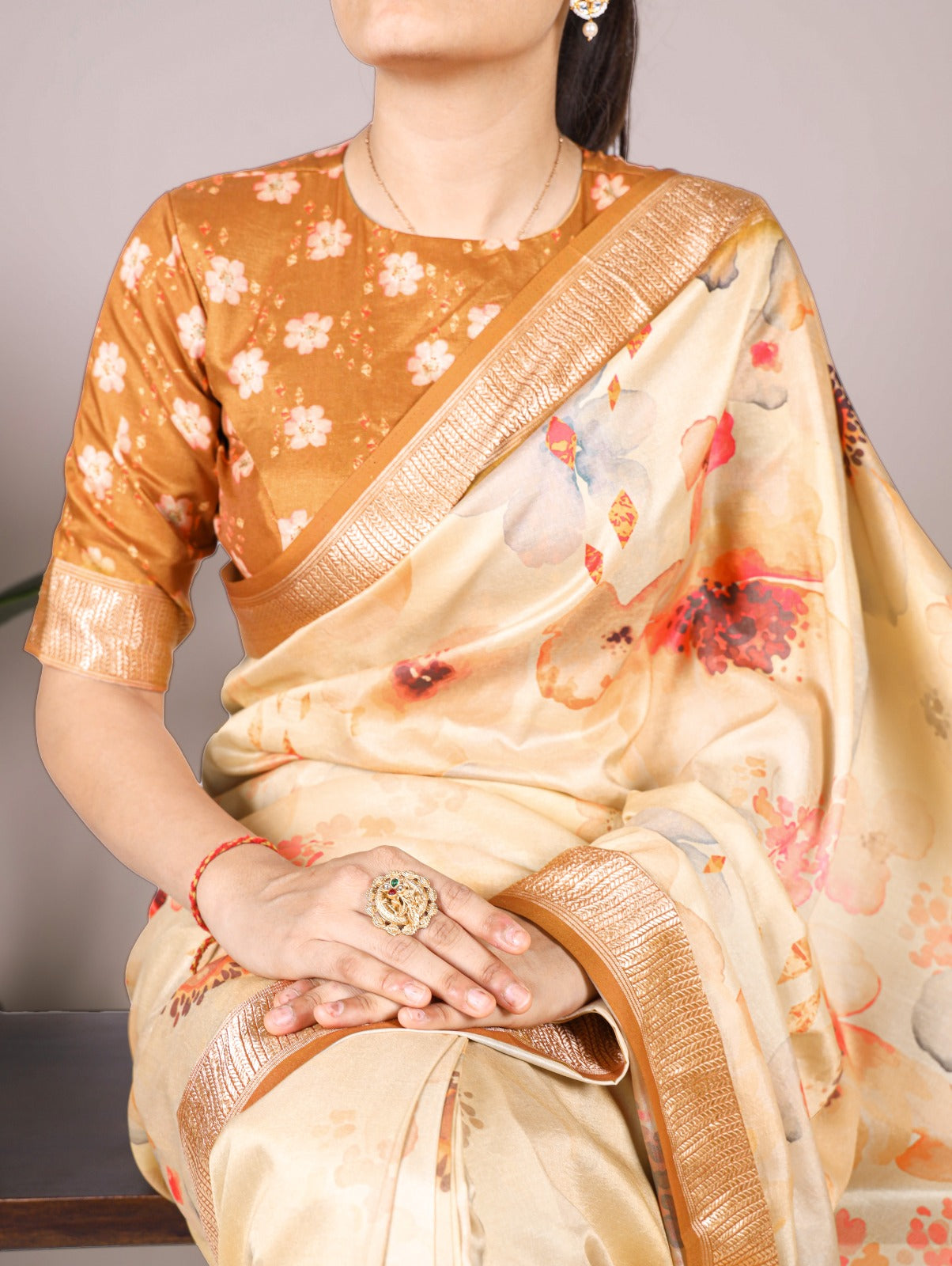 Pure Tussar Silk Floral Print Saree With Viscose Border