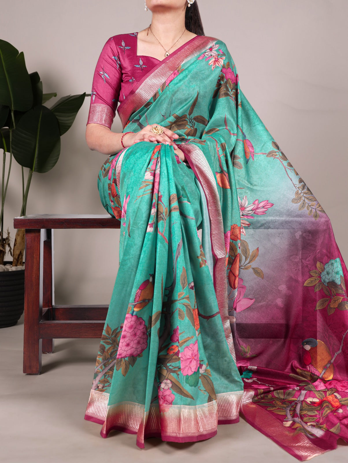 Pure Tussar Silk Floral Print Saree With Viscose Border