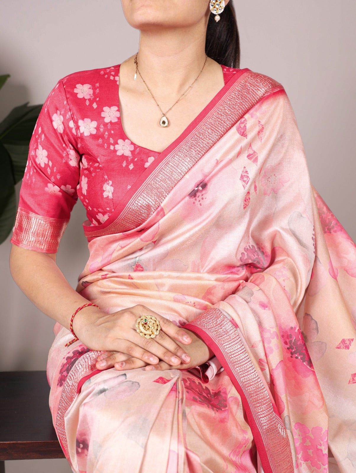 Pure Tussar Silk Floral Print Saree With Viscose Border