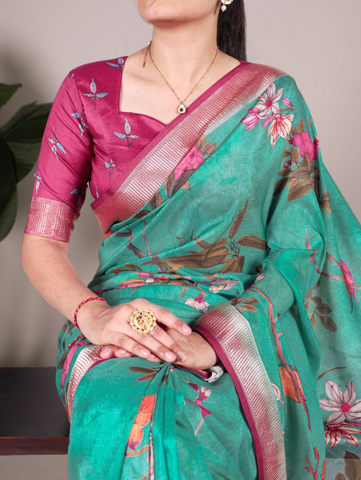 Pure Tussar Silk Floral Print Saree With Viscose Border
