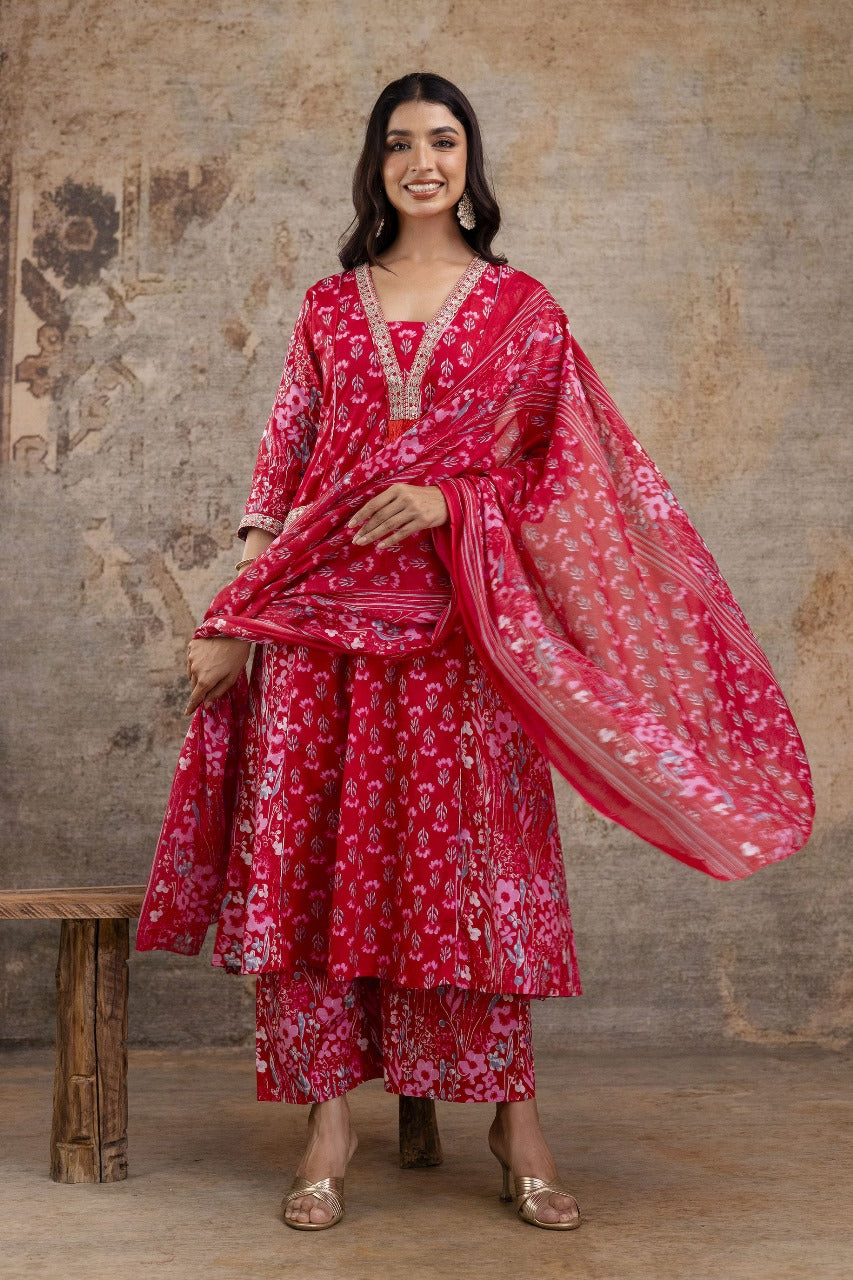 Premium Pure Soft Cotton Embroidered & Sequin Work A-Line Kurta Suit Pant With Dupatta